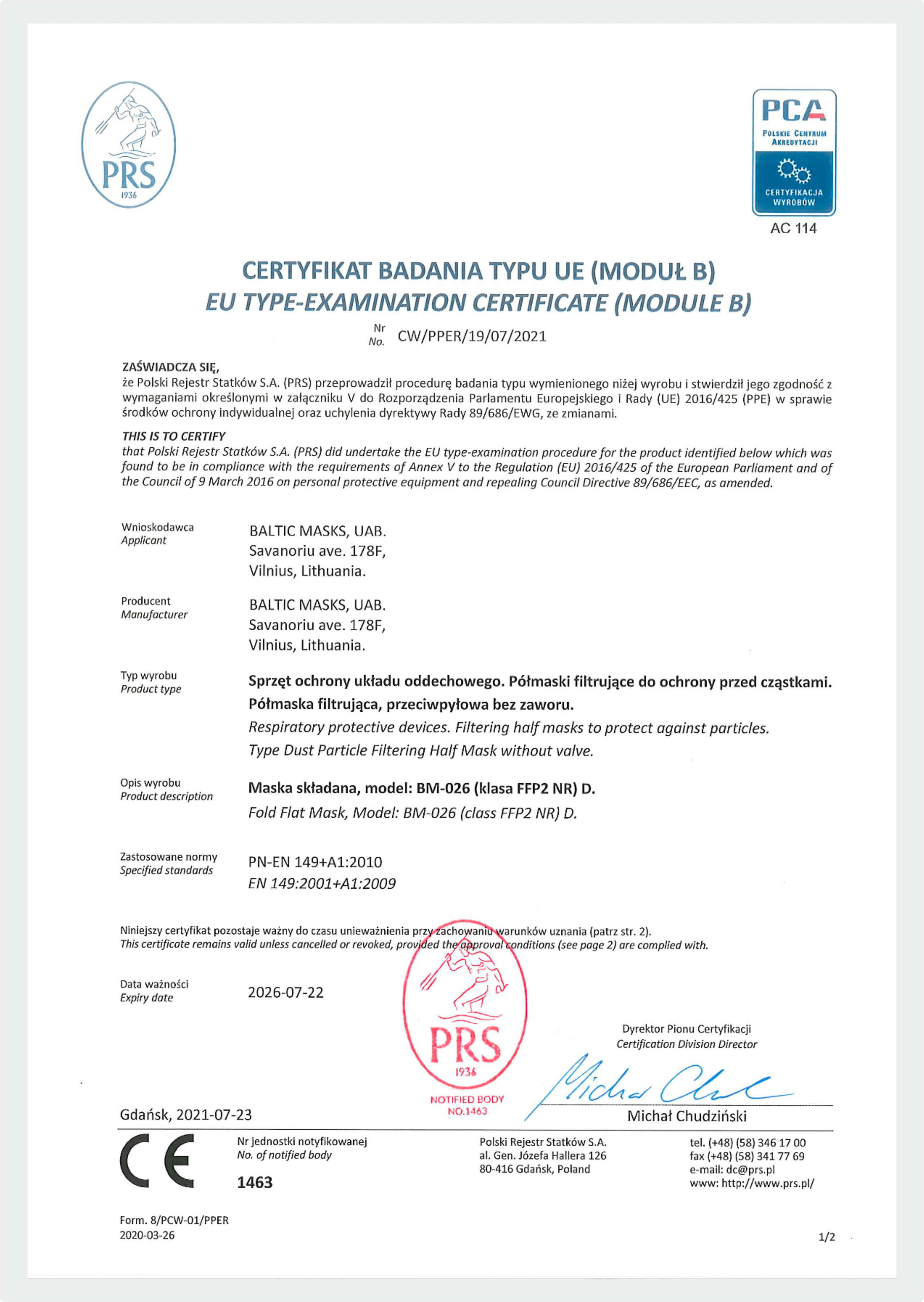 FFP2 EU Type Examination issued to Baltic Masks, UAB