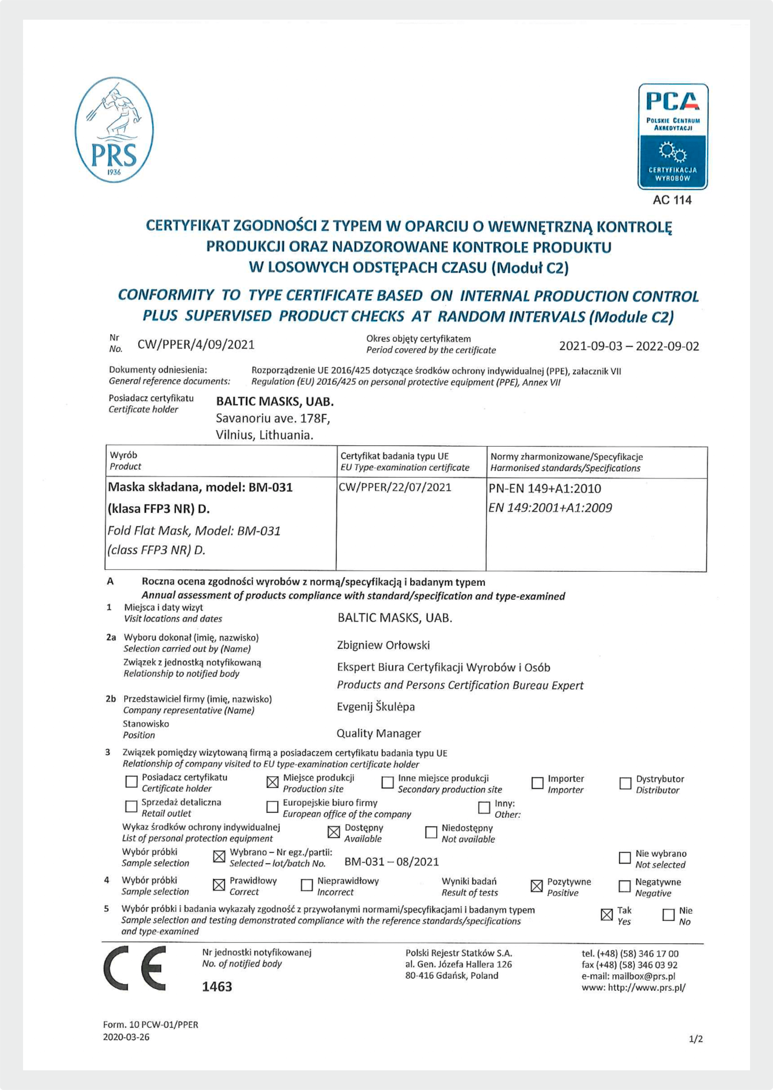 FFP3 Module C2 record issued to Baltic Masks, UAB