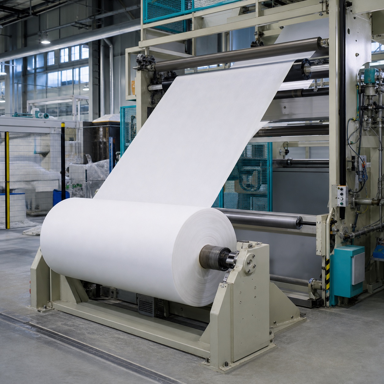 White nonwoven web winding on a supported production roll