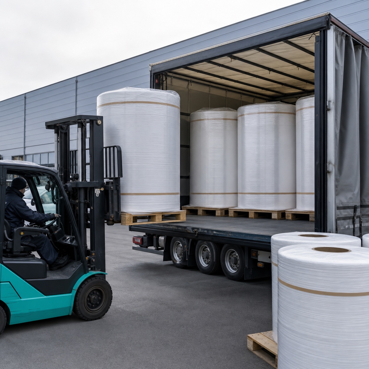 Packed nonwoven rolls being loaded for European delivery