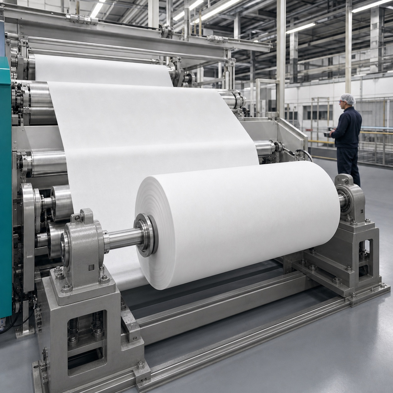 Nonwoven roll supported on a production winding shaft