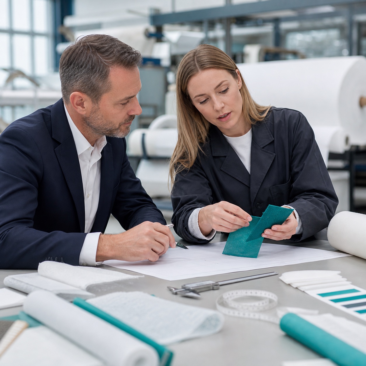 Customer and material engineer reviewing nonwoven requirements