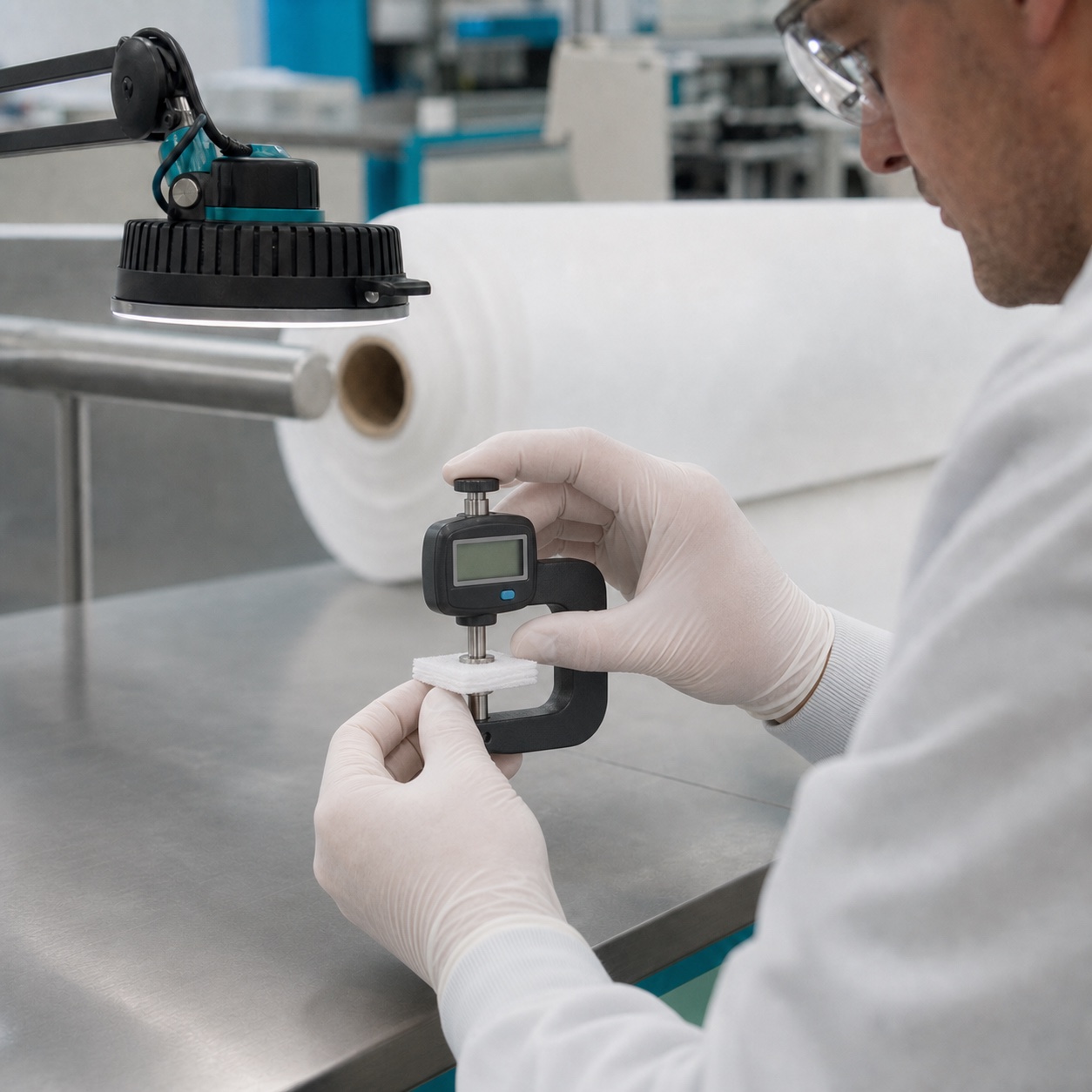 Technician measuring the thickness of a nonwoven material sample